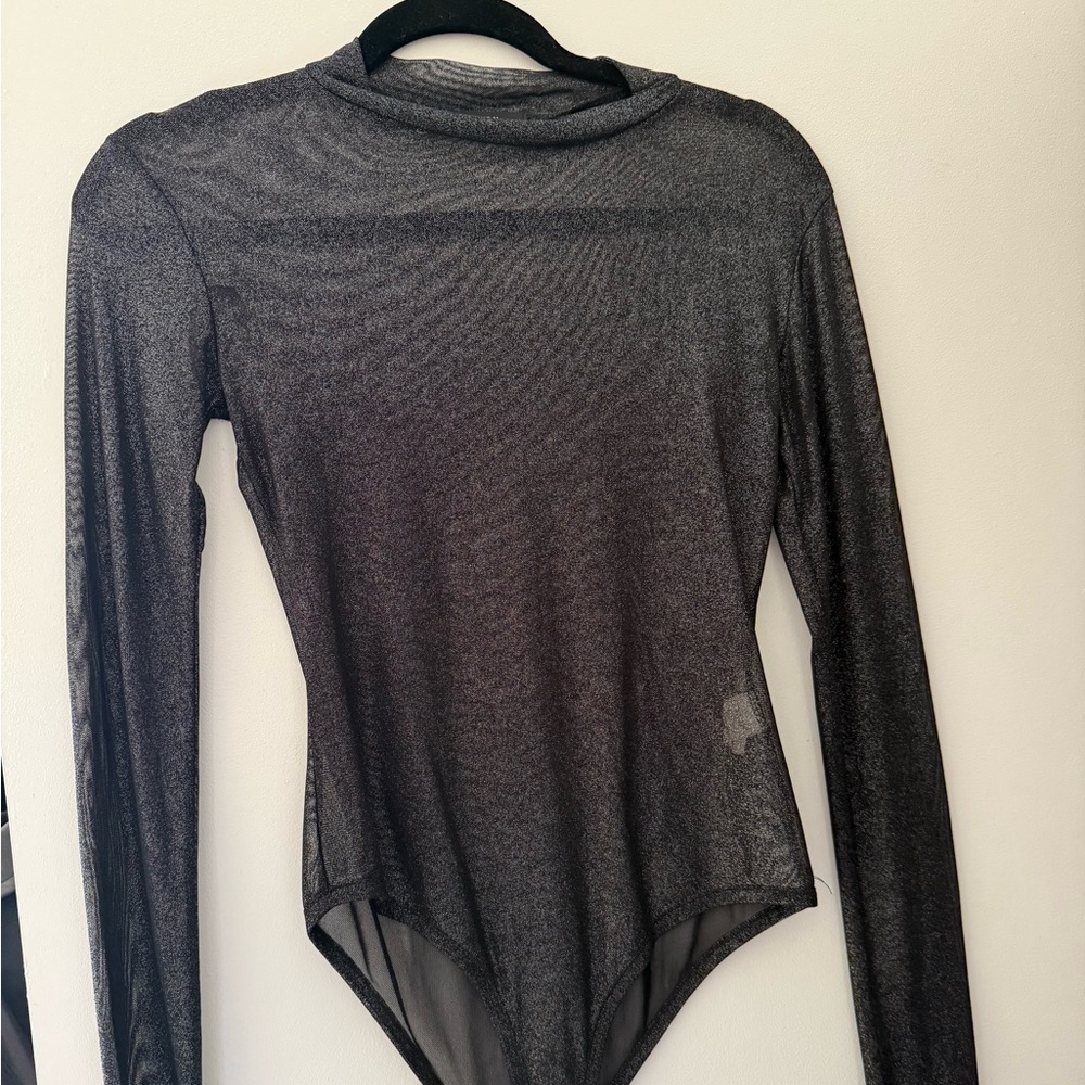 Sheer Sparkly Long-Sleeve Bodysuit - Black